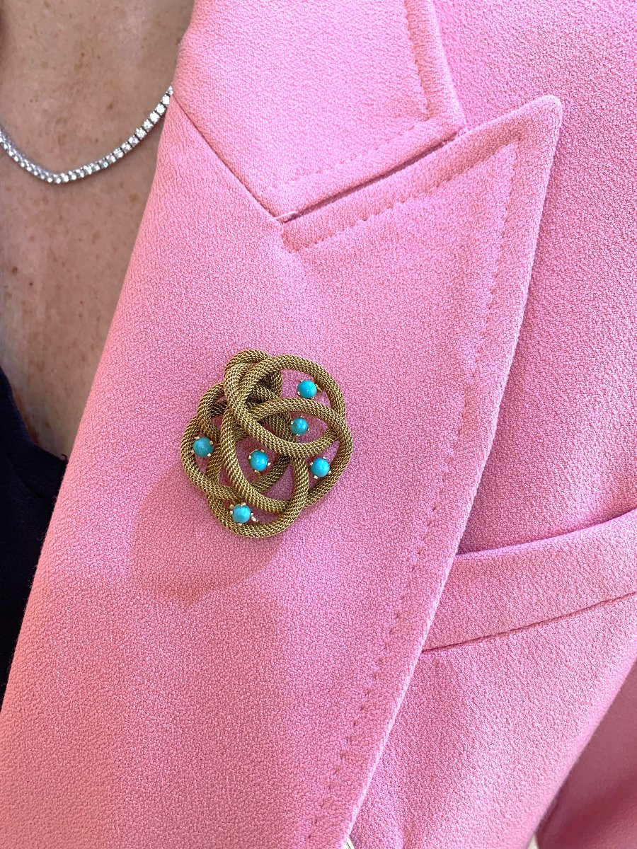 Vintage Turquoises 18 Carat Yellow Gold Twisted Knot Brooch-photo-2