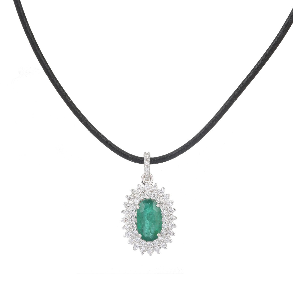 Pendentif Emeraude Diamants Or Gris 18 Carats