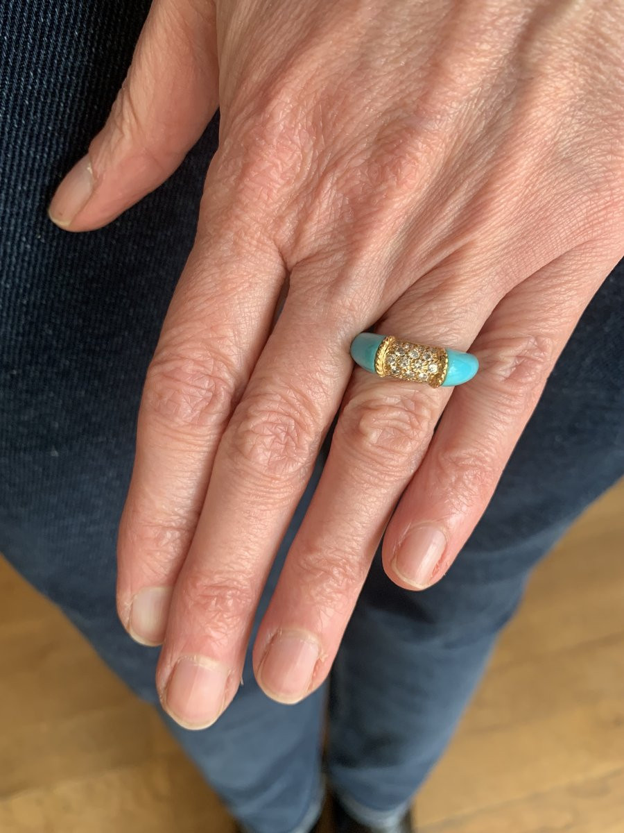 Turquoise Diamonds 18 Carats Yellow Gold Band Ring-photo-3