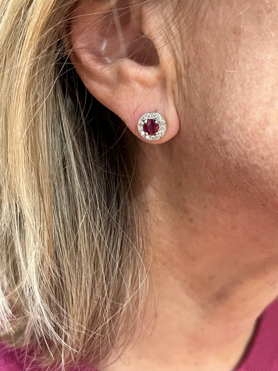 Boucles d'Oreilles Rubis Birman Diamants Or Gris 18 Carats-photo-2
