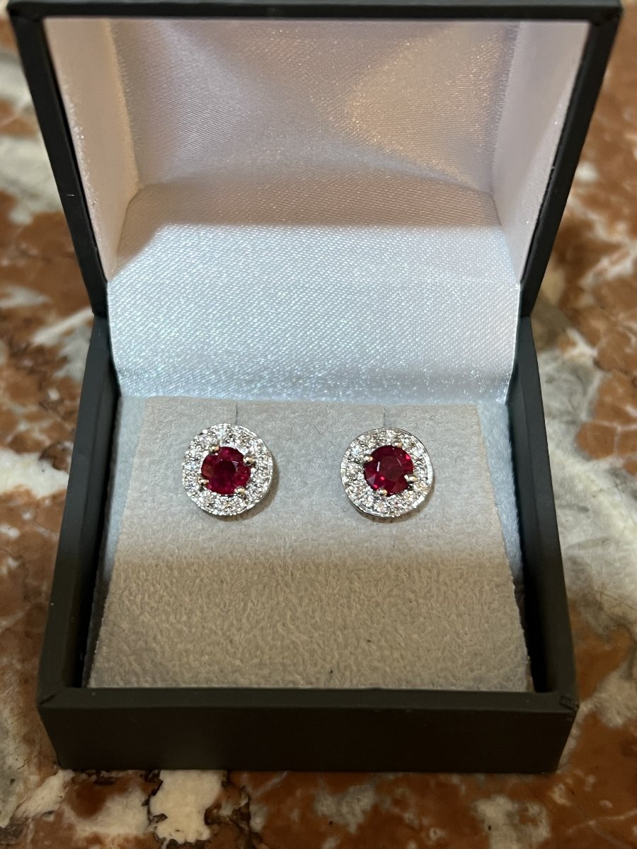 Boucles d'Oreilles Rubis Birman Diamants Or Gris 18 Carats-photo-3