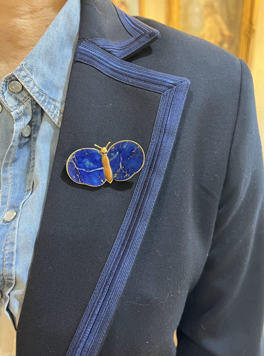 Broche Papillon Lapis-Lazuli Jaspe Or Jaune 18 Carats-photo-3