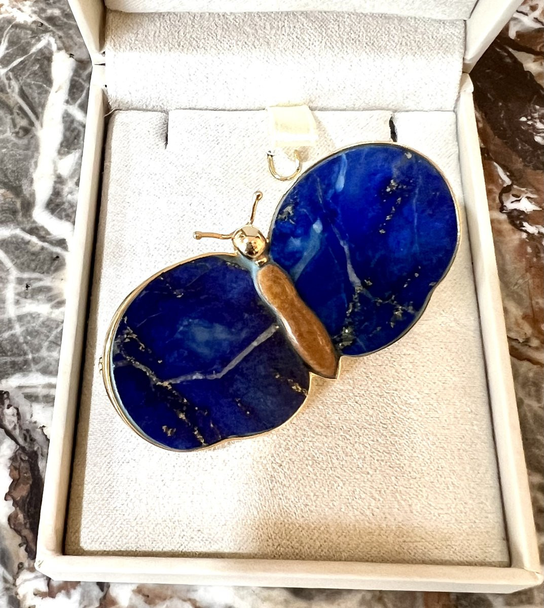 Broche Papillon Lapis-Lazuli Jaspe Or Jaune 18 Carats-photo-4