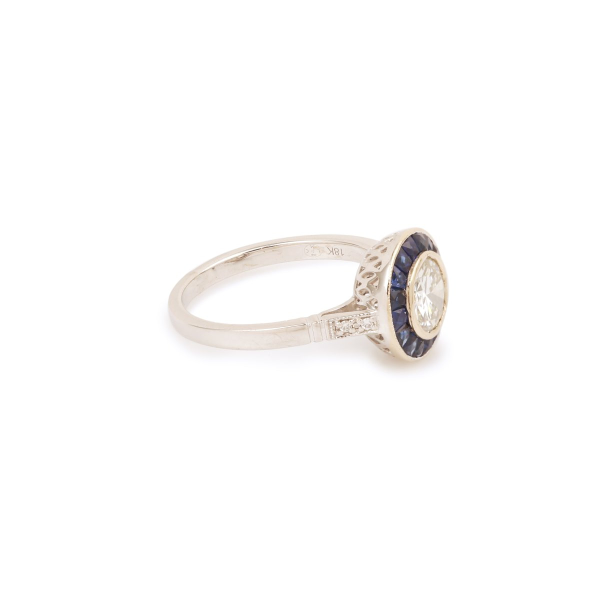 Certified 1 Carat Diamonds Sapphires 18 Carat White Gold Art Deco Style Ring-photo-2
