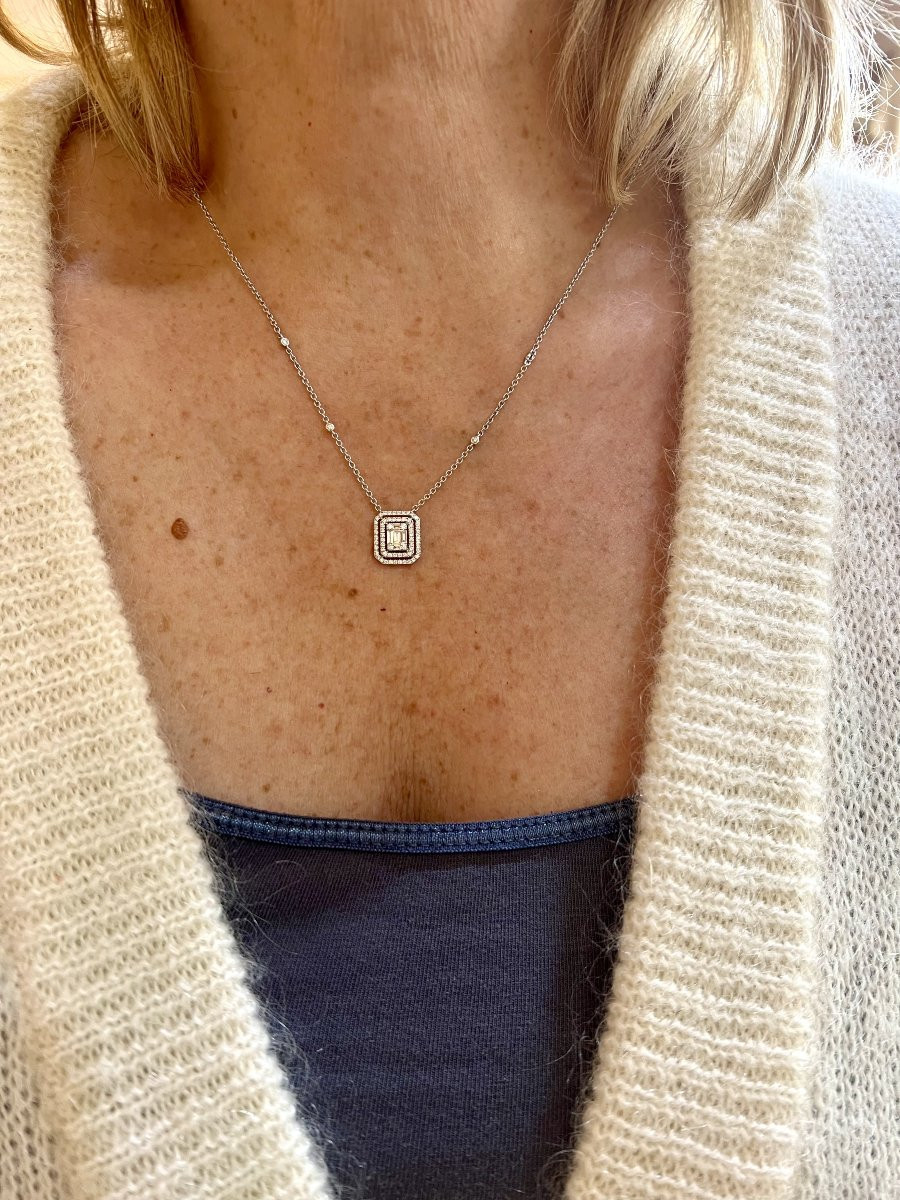 Emerald Cut Effect Diamonds 18 Carat White Gold Necklace-photo-3
