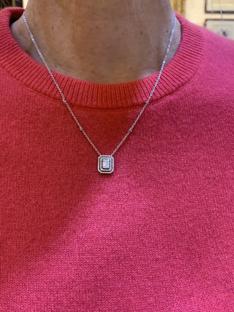 Collier Diamants Effet Taille Emeraude Or Gris 18 Carats-photo-2