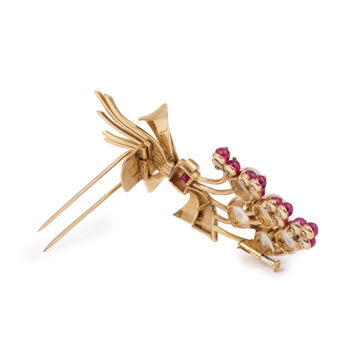 Retro Moonstone And Red Stones Bouquet 18k Yellow Gold Brooch-photo-2