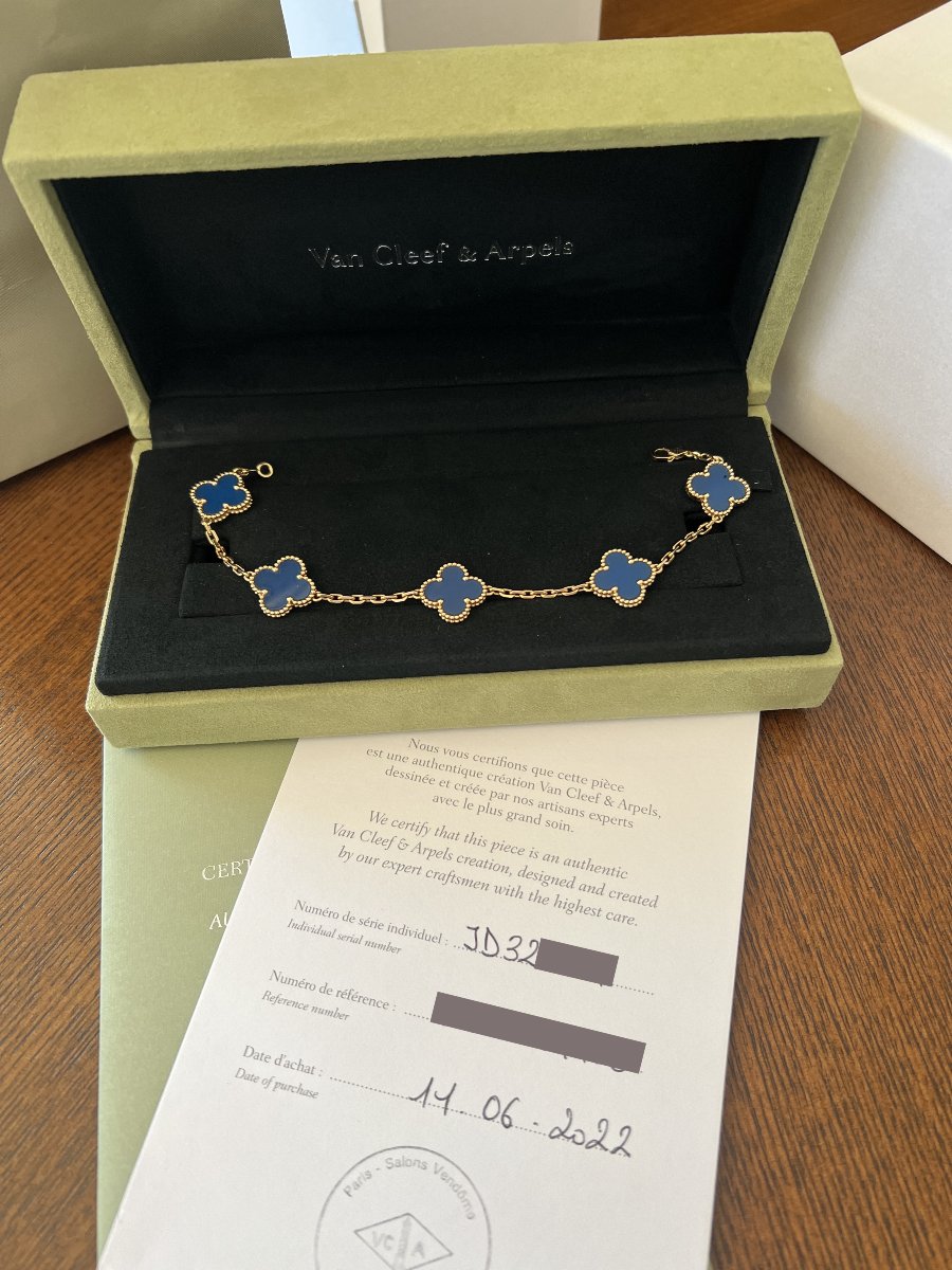 Bracelet Van Cleef & Arpels Vintage Alhambra 5 Motifs Agate Bleue Or Jaune 18 Carats-photo-2
