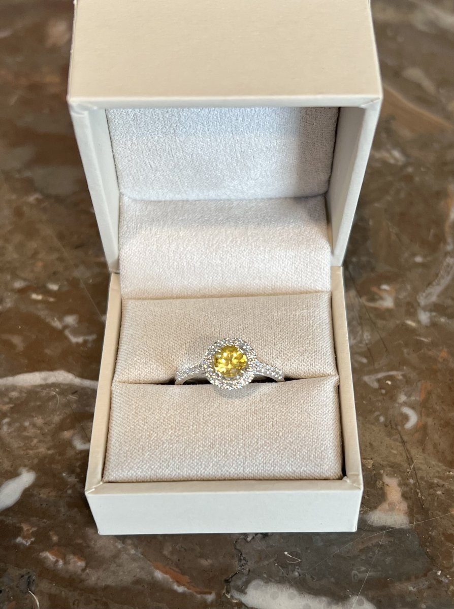 Bague Marguerite Saphir Jaune Carats Diamants Or Gris 18 Carats-photo-4