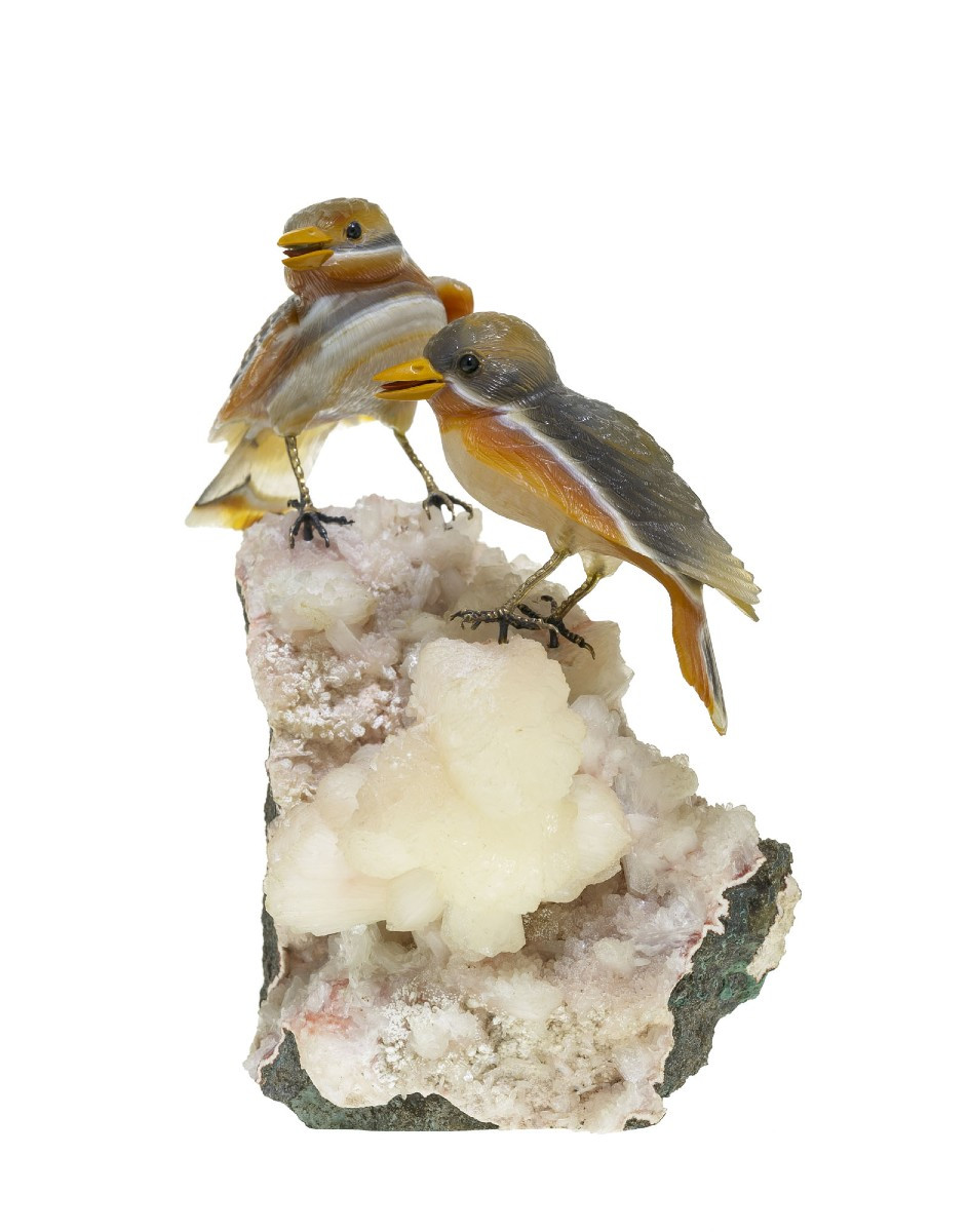 Gübelin Couple De Moineaux Sculpture Agate Calcite