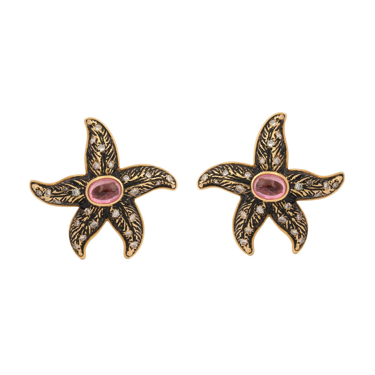 Boucles d'Oreilles Vintage Etoiles De Mer Tourmaline Diamants Email Or Jaune 18 Carats