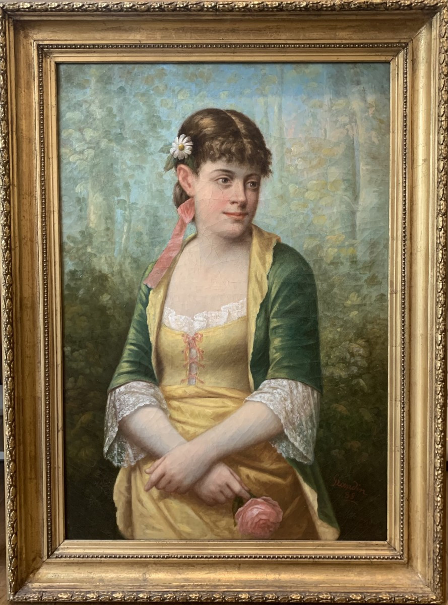 Portrait Of Young Woman With A Rose, 1888, Signed Grandin