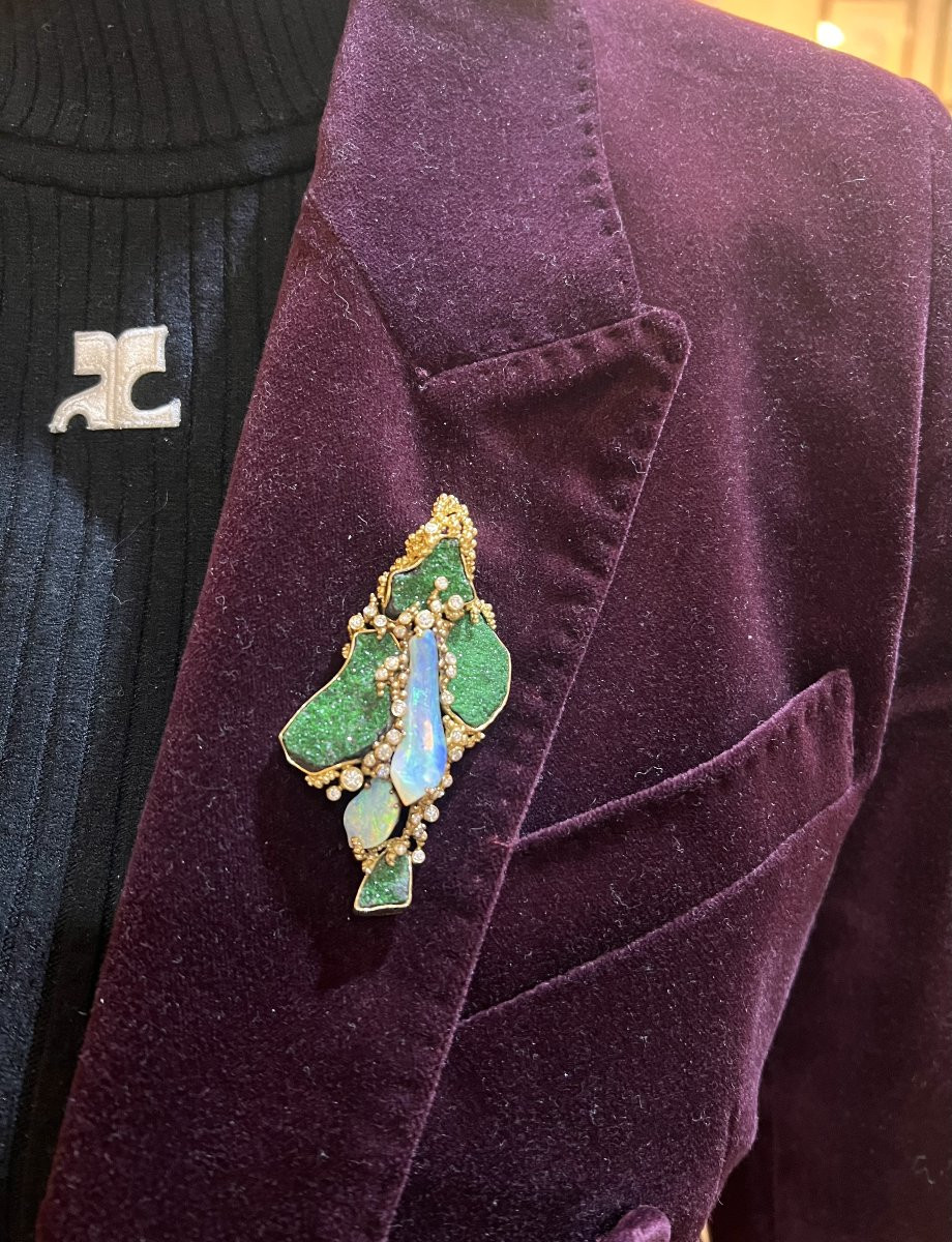 Gilbert Albert Opal Diamonds Uvarovites 18 Carats Yellow Gold Pendant Brooch-photo-2