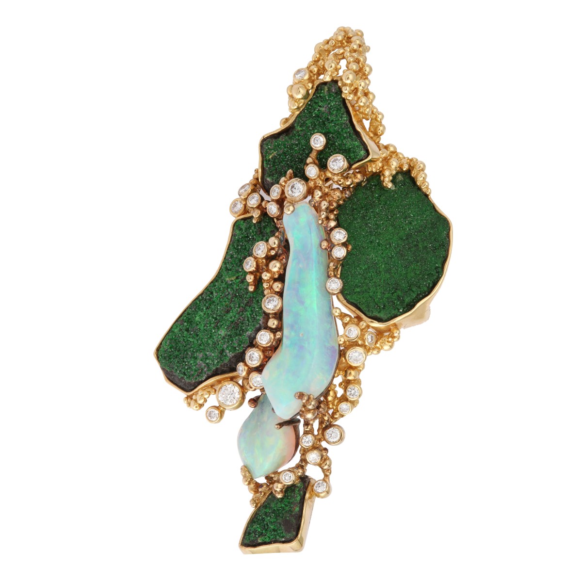 Gilbert Albert Opal Diamonds Uvarovites 18 Carats Yellow Gold Pendant Brooch