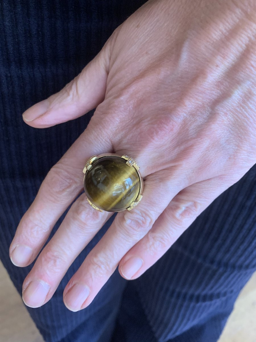 87 Carats Tiger's Eye Diamonds 18 Carats Yellow Gold Cocktail Ring-photo-2