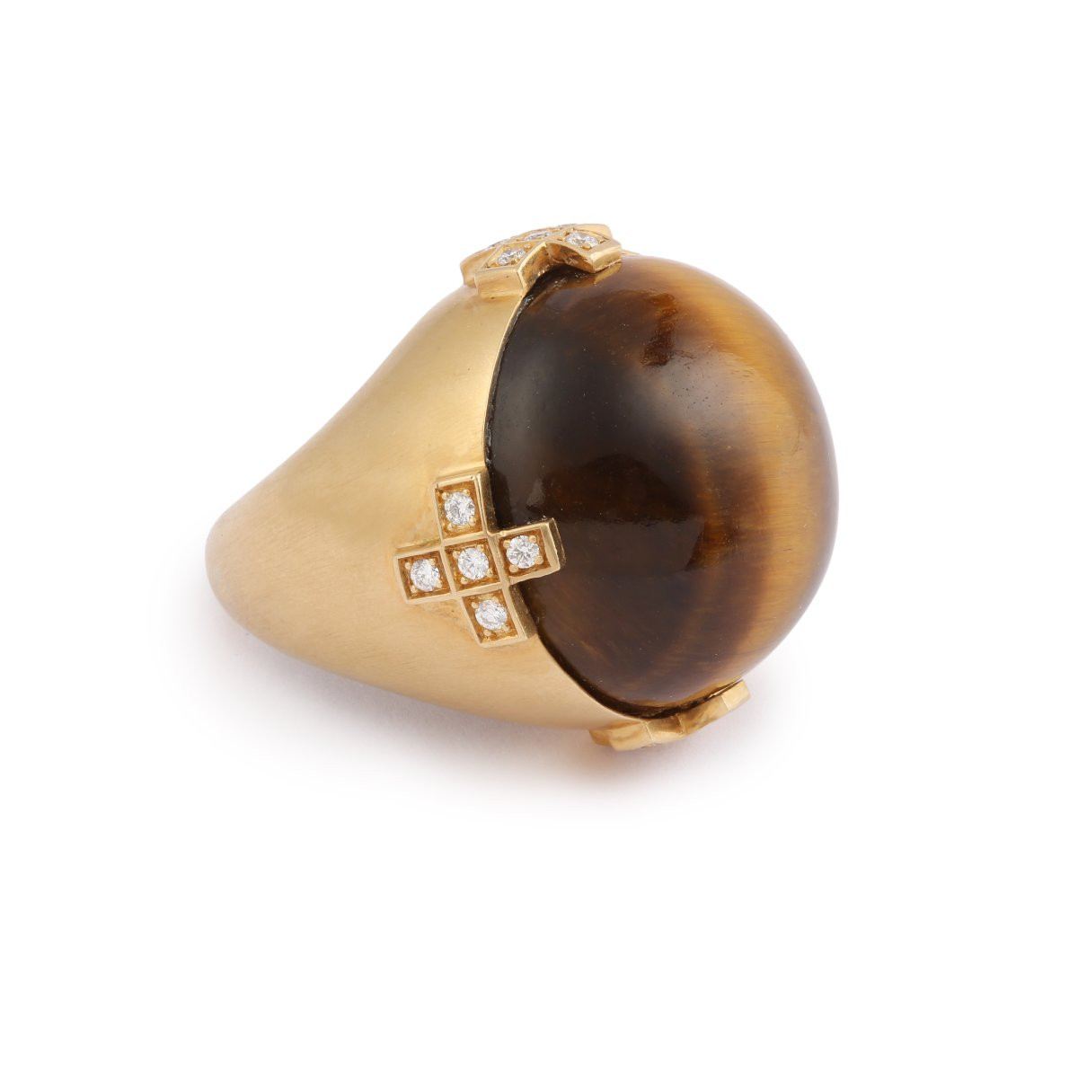 87 Carats Tiger's Eye Diamonds 18 Carats Yellow Gold Cocktail Ring-photo-3