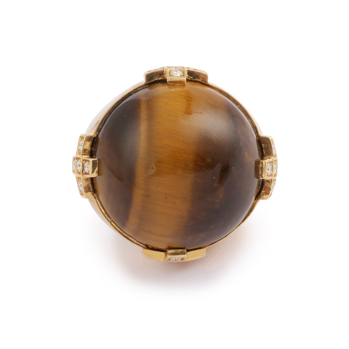 87 Carats Tiger's Eye Diamonds 18 Carats Yellow Gold Cocktail Ring