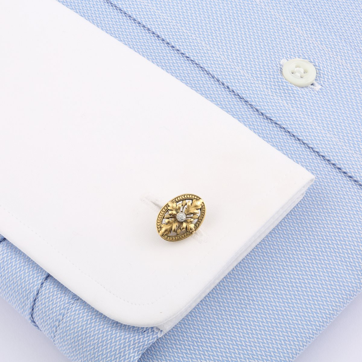 Antique Diamonds 18 Carats Yellow Gold Oak Leafs Cufflinks-photo-3