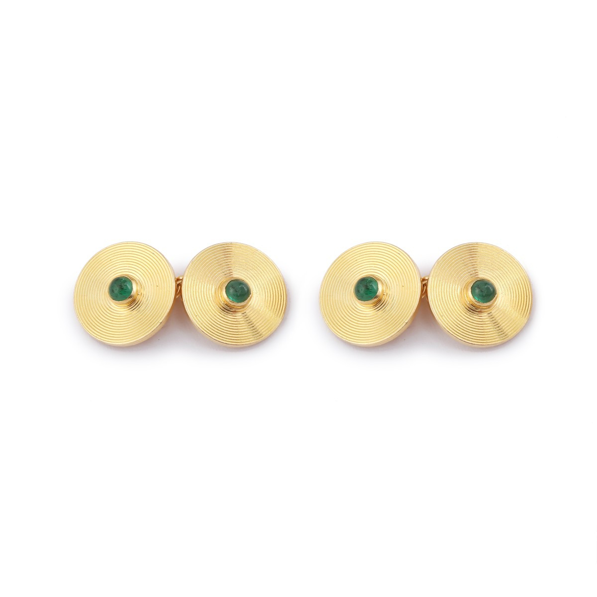 Boutons de Manchettes Vintage Disques Emeraudes Or Jaune 18 Carats