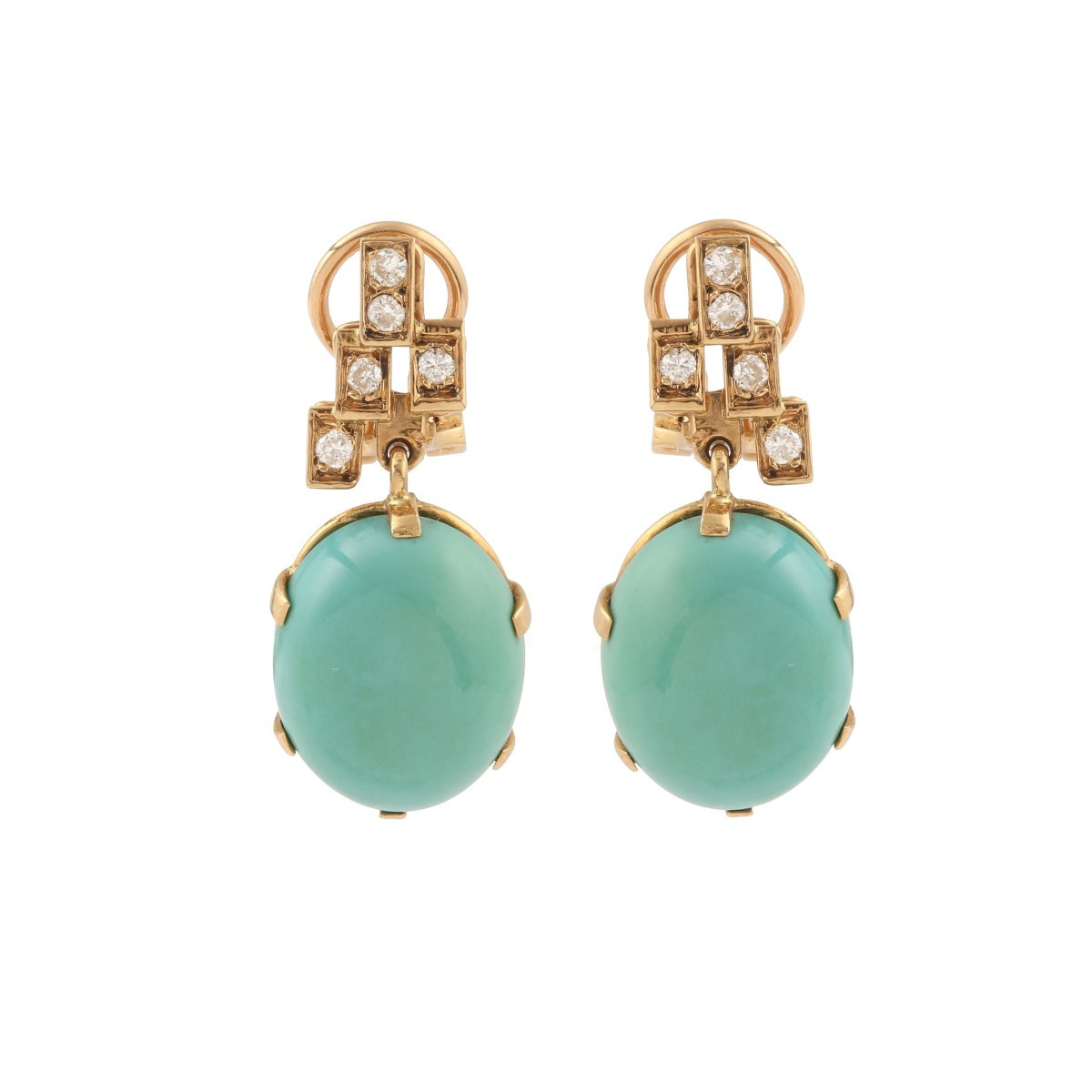 Boucles d'Oreilles Vintage Turquoises Diamants Or Jaune 18 Carats