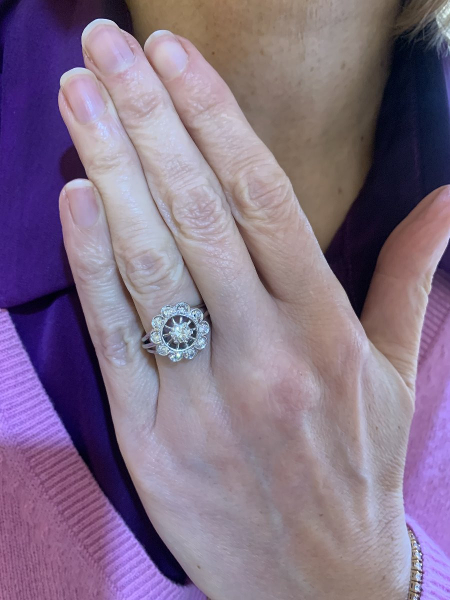 1.20 Carats Diamonds Platinum 18 Carats White Gold Daisy Ring-photo-3