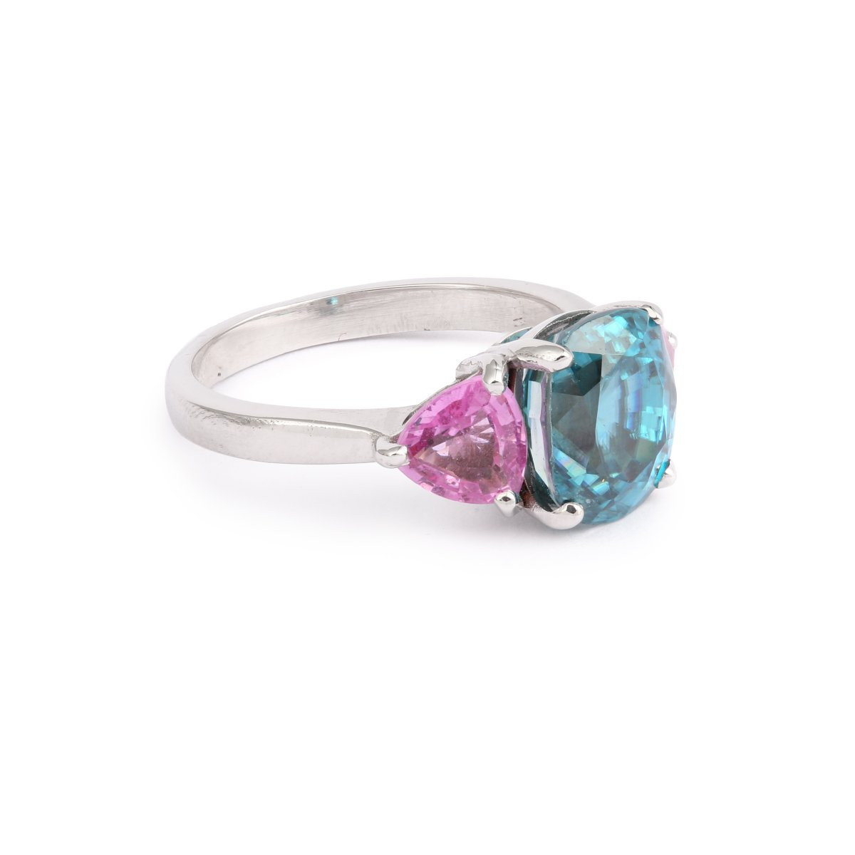 Bague Trilogie Zircon Bleu 4.95 Carats Saphirs Roses Or Gris 18 Carats-photo-2