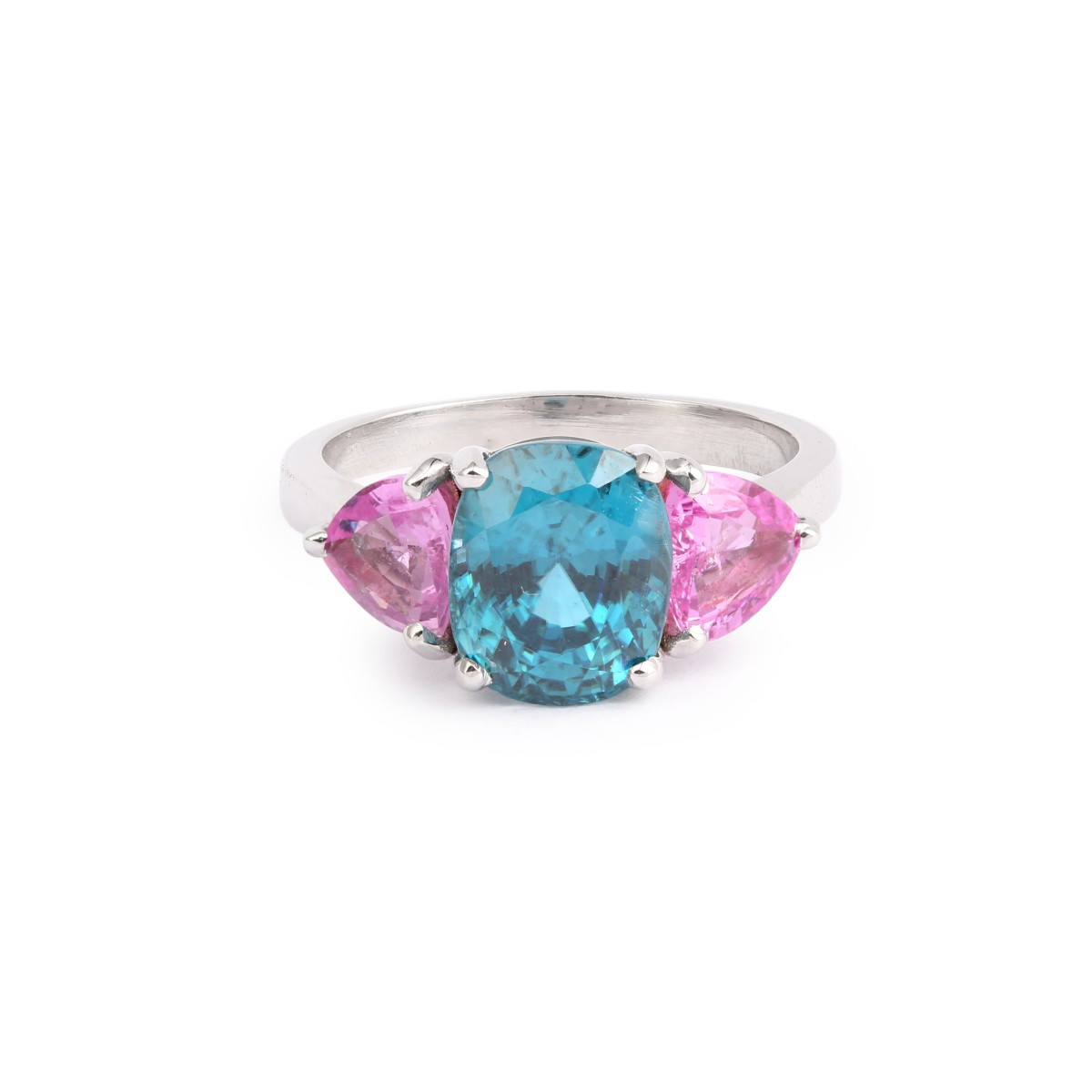 Bague Trilogie Zircon Bleu 4.95 Carats Saphirs Roses Or Gris 18 Carats