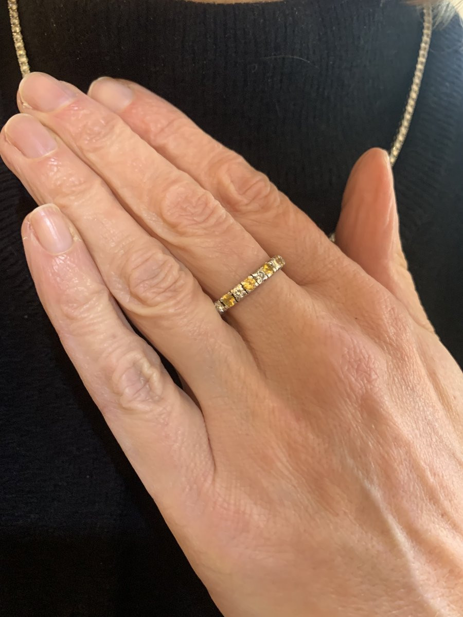 Alliance Tour Complet Saphirs Jaunes Diamants Or Gris 18 Carats-photo-2