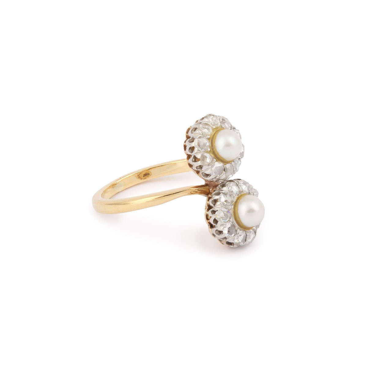 Antique Pearls Diamond Platinum 18 Carats Yellow Gold Toi & Moi Ring-photo-2
