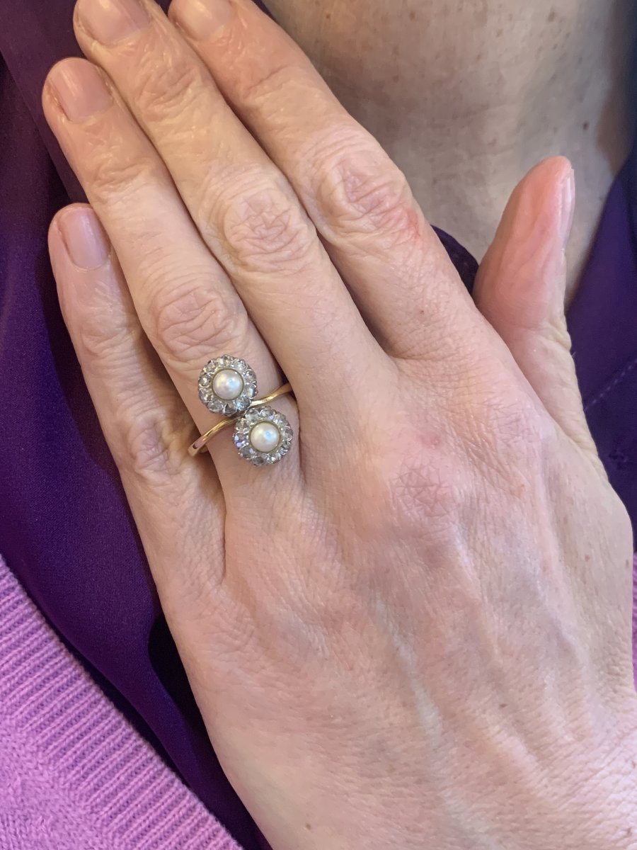 Antique Pearls Diamond Platinum 18 Carats Yellow Gold Toi & Moi Ring-photo-3