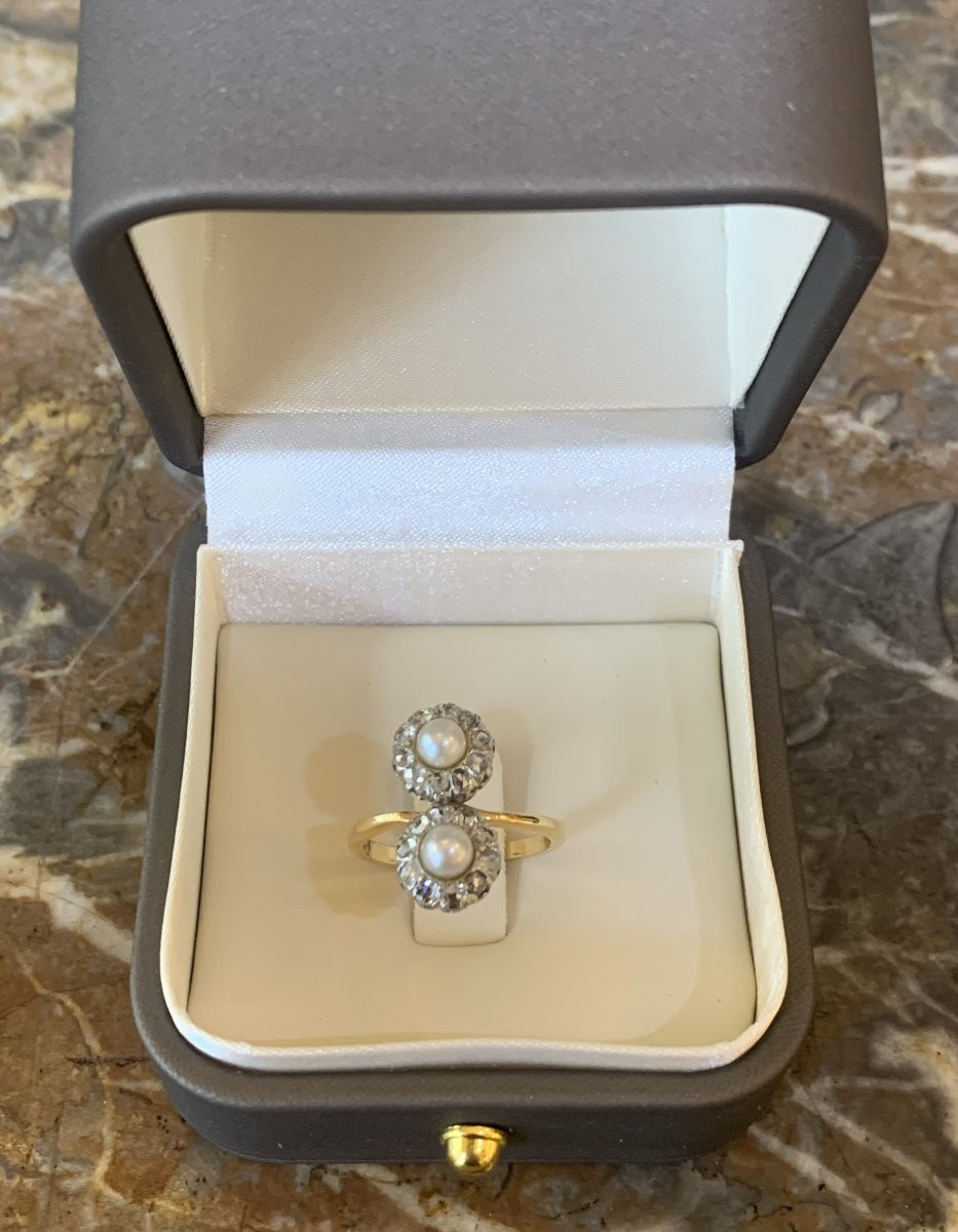 Antique Pearls Diamond Platinum 18 Carats Yellow Gold Toi & Moi Ring-photo-4