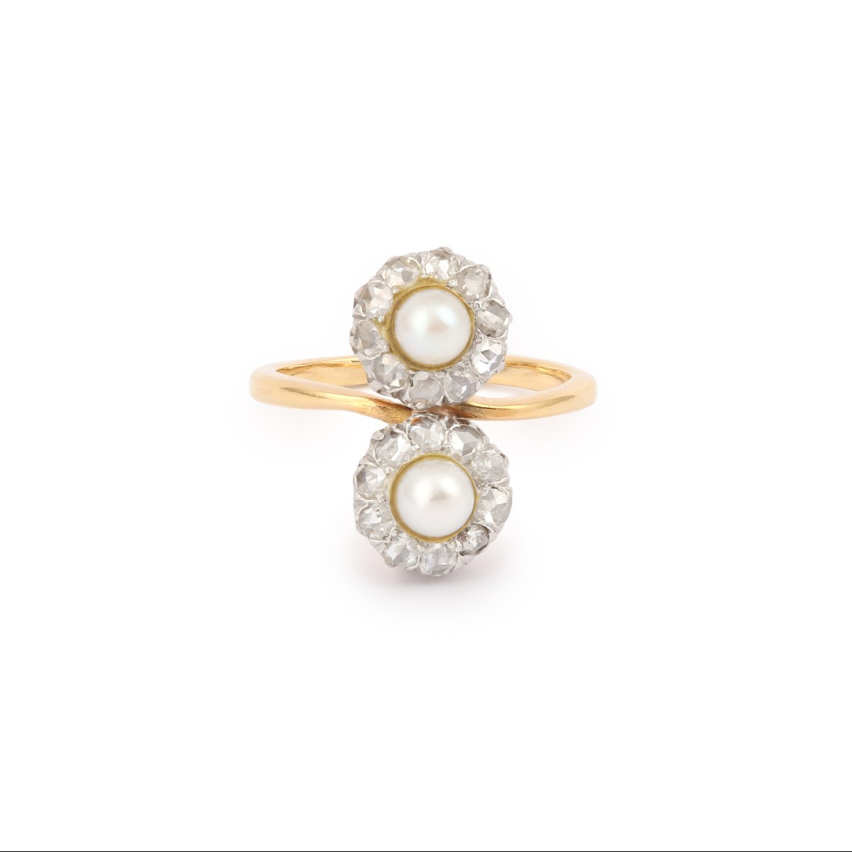 Antique Pearls Diamond Platinum 18 Carats Yellow Gold Toi & Moi Ring
