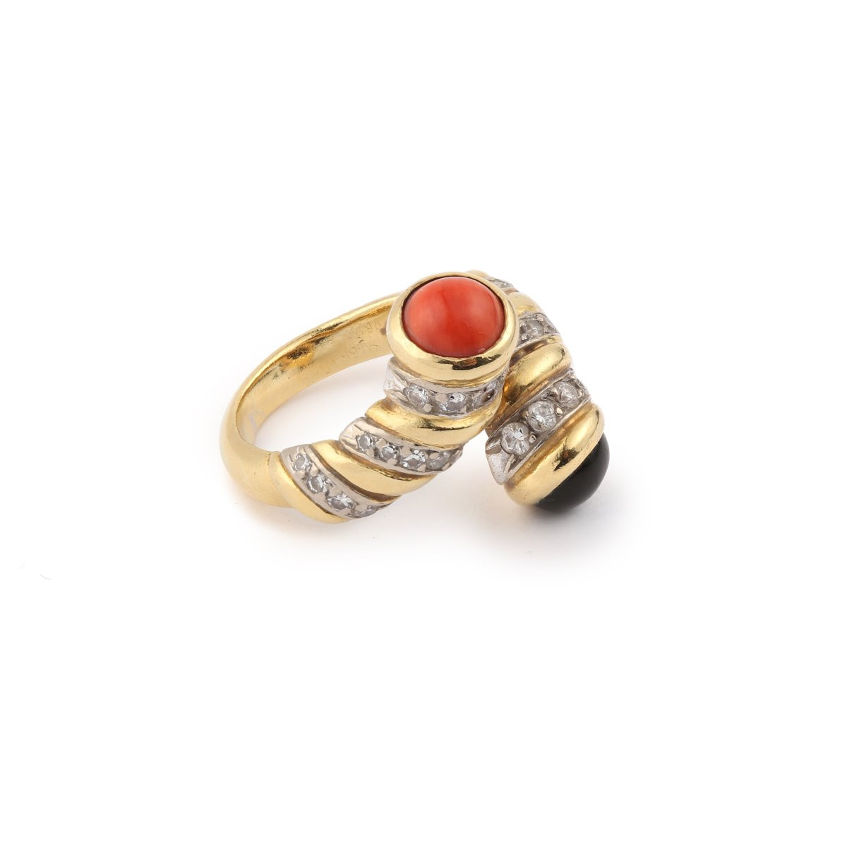 Kutchinsky Toi & Moi Coral Onyx Diamonds 18 Carat Yellow Gold Ring-photo-2
