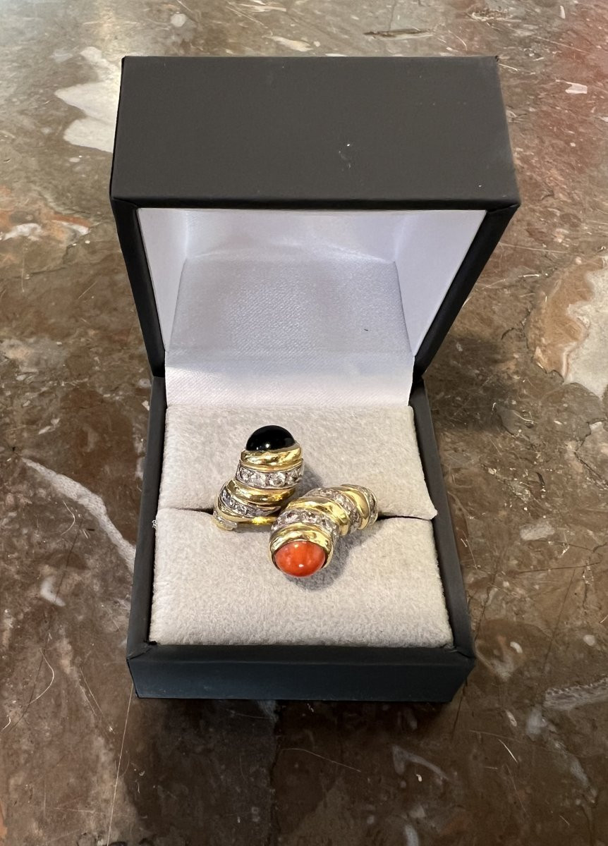 Kutchinsky Toi & Moi Coral Onyx Diamonds 18 Carat Yellow Gold Ring-photo-4