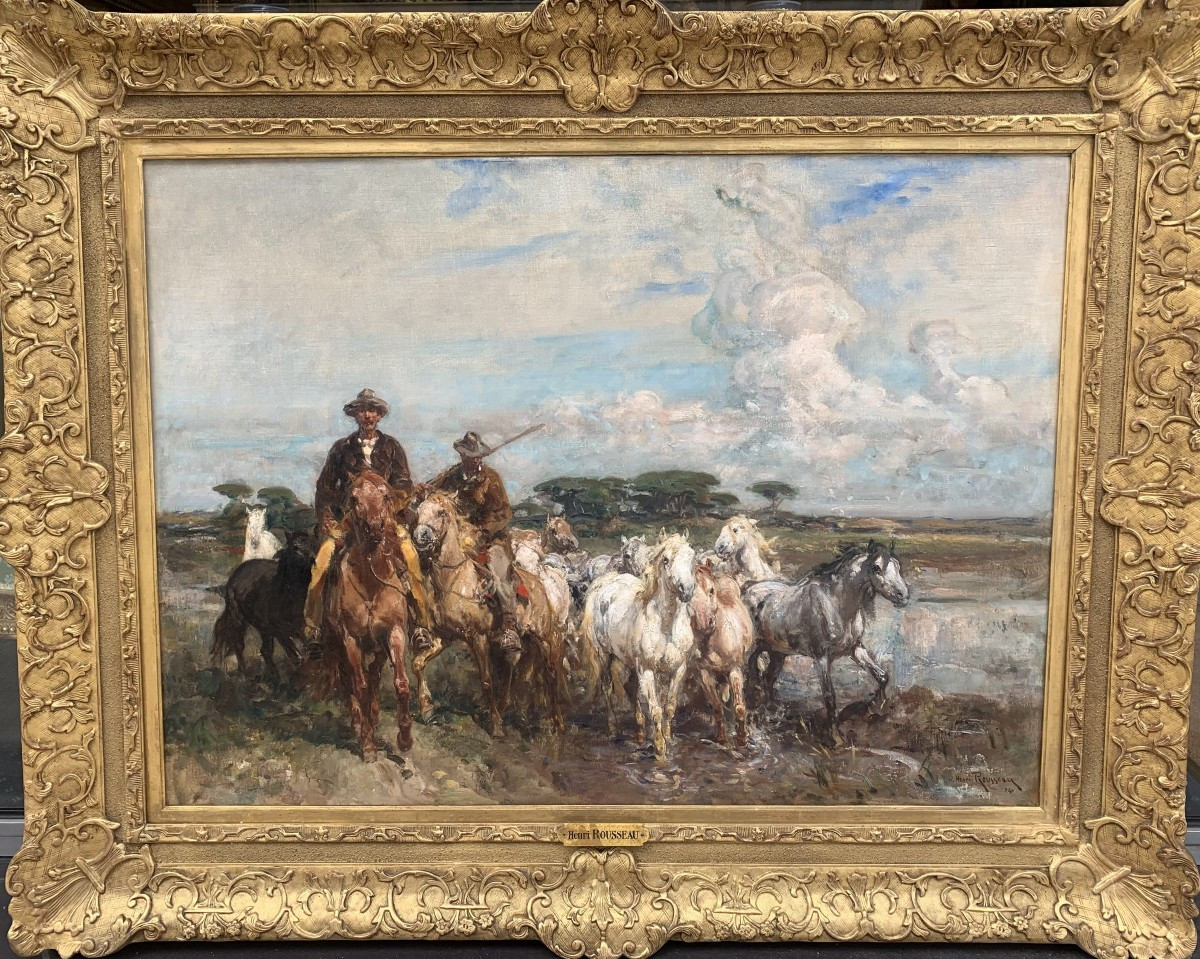 Gardians En Camargue, Huile Sur Toile Signée Henri Emilien Rousseau -photo-2