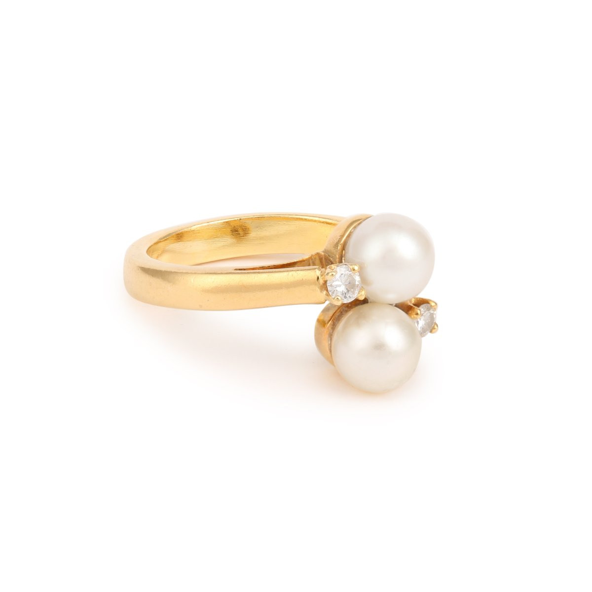 Vintage Pearls Diamond 18 Carats Yellow Gold Toi & Moi Ring-photo-2