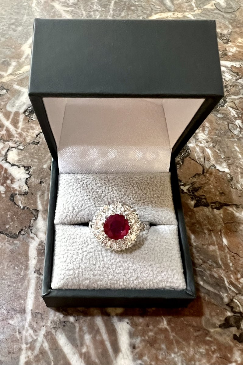 Certified 2 Carats Burmese Ruby Diamonds Platinum 18 Carats White Gold Daisy Ring-photo-3