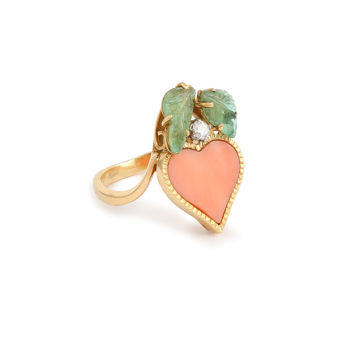 Coral Emeralds Diamonds 18 Carat Yellow Gold Heart Ring-photo-4