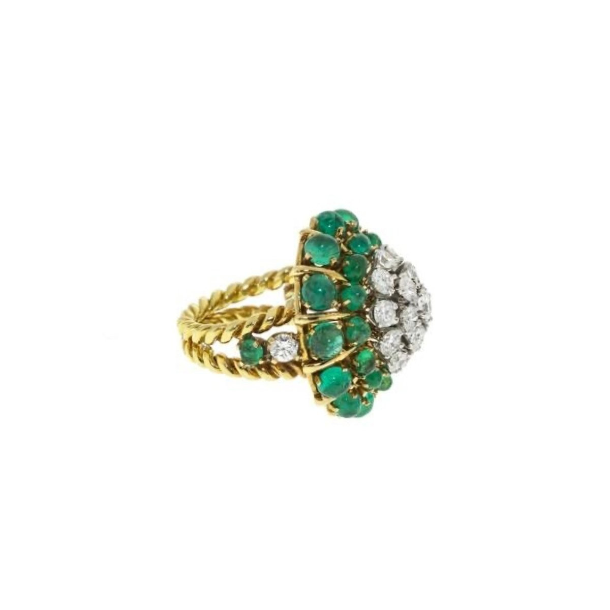 Bague Cocktail Dôme Rétro Cabochon Emeraudes Diamants Or Jaune 18 Carats-photo-2