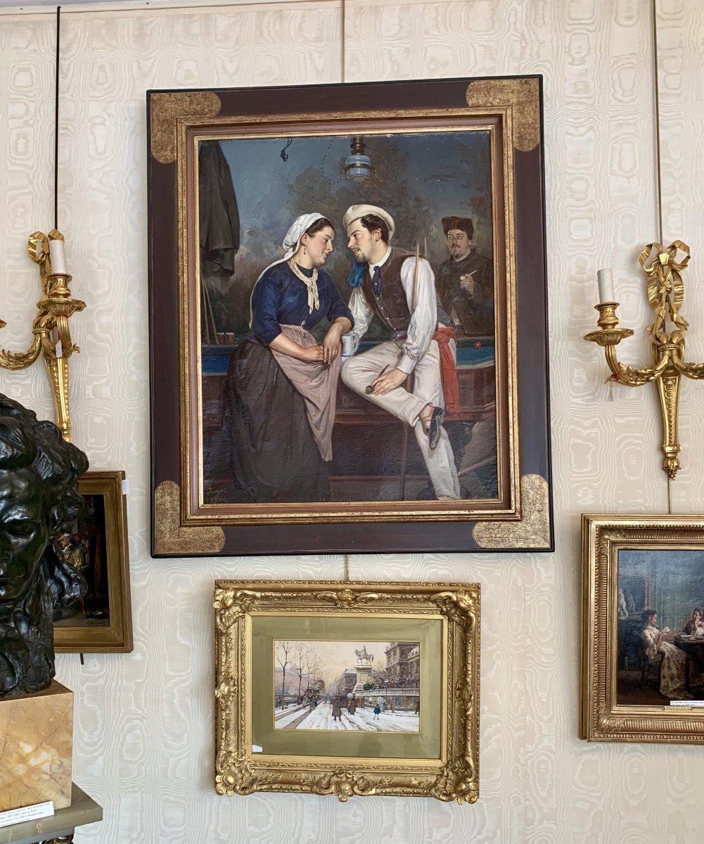 Scene Galante Dans Un Cafe, Huile Sur Toile Signée Rigot Et Datée 1874-photo-3
