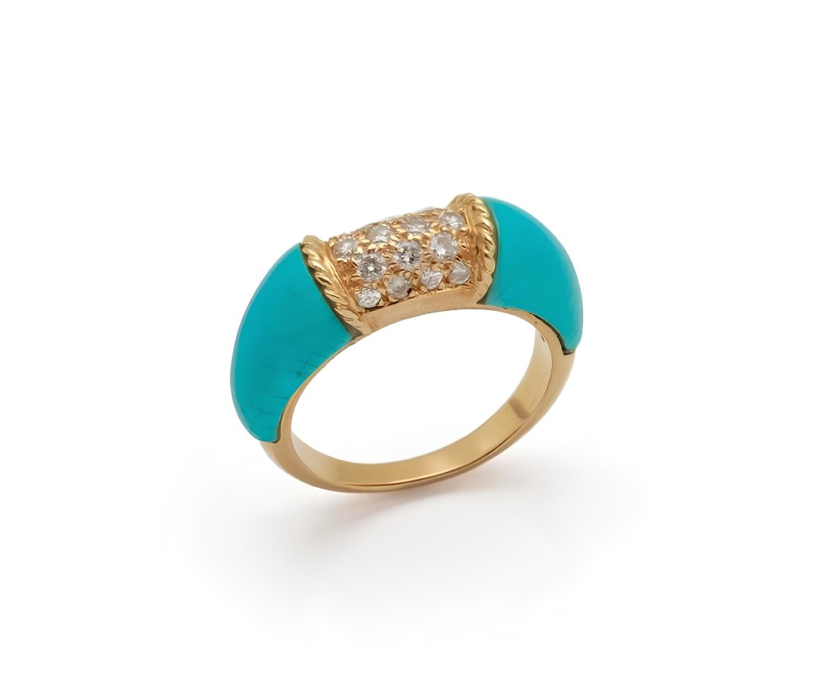 Bague Jonc Turquoise Diamants Or Jaune 18 Carats-photo-2