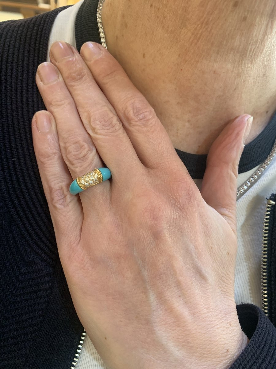 Bague Jonc Turquoise Diamants Or Jaune 18 Carats-photo-3