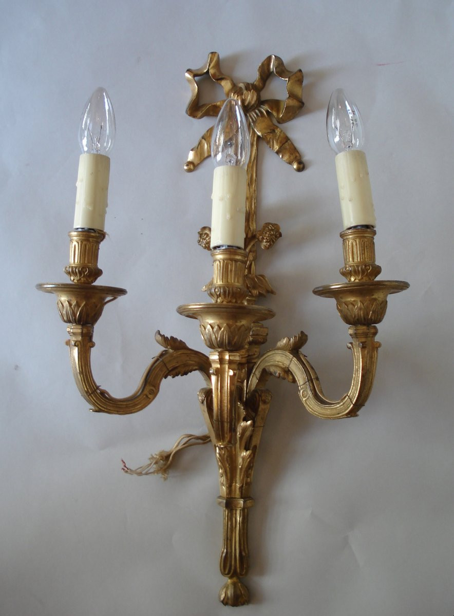 Paire d'Appliques Style Louis XVI Au Noeud De Ruban XIXeme Siècle-photo-2