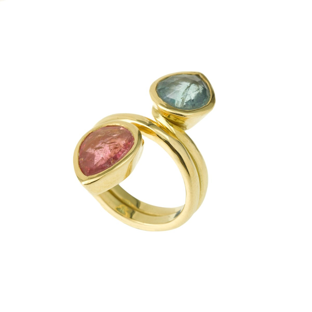 Pear Shaped Pink And Green Tourmaline Toi Et Moi 18k Yellow Gold Ring-photo-4