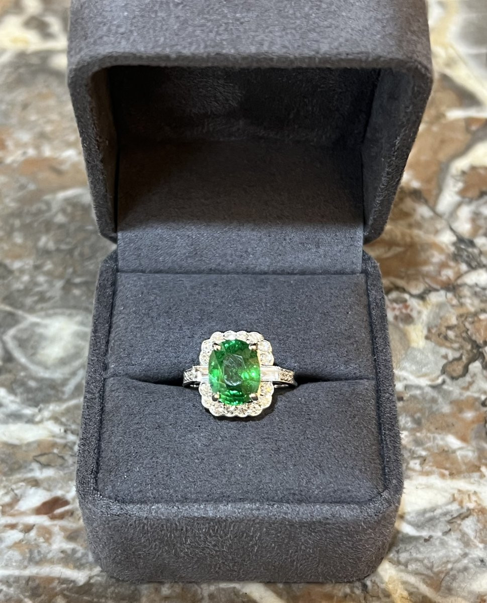 Bague Pompadour Grenat Tsavorite 4.54 Carats Diamant Or Gris 18 Carats-photo-2