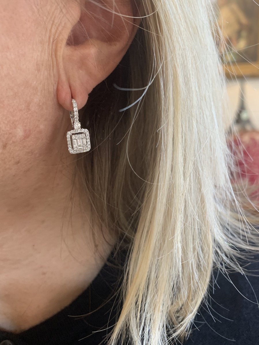 Emerald Cut Effect Diamonds 18 Carat White Gold Earrings-photo-2