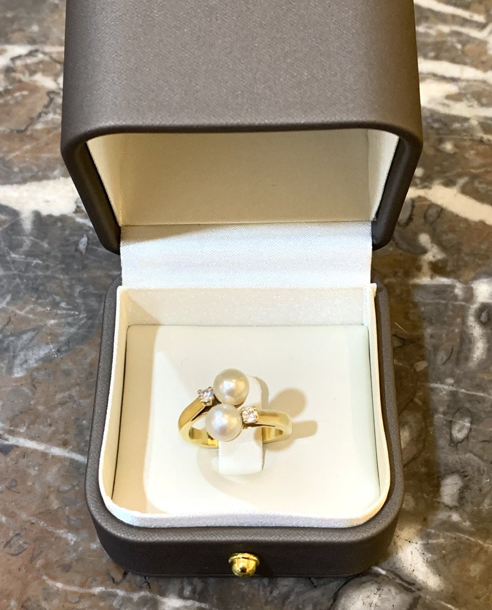 Bague Toi & Moi Perles Diamants Or Jaune 18 Carats-photo-4
