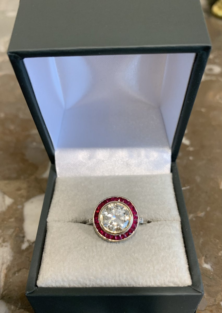 Certified 1.50 Carat Diamonds Rubies 18 Carat White Gold Art Deco Style Ring-photo-2