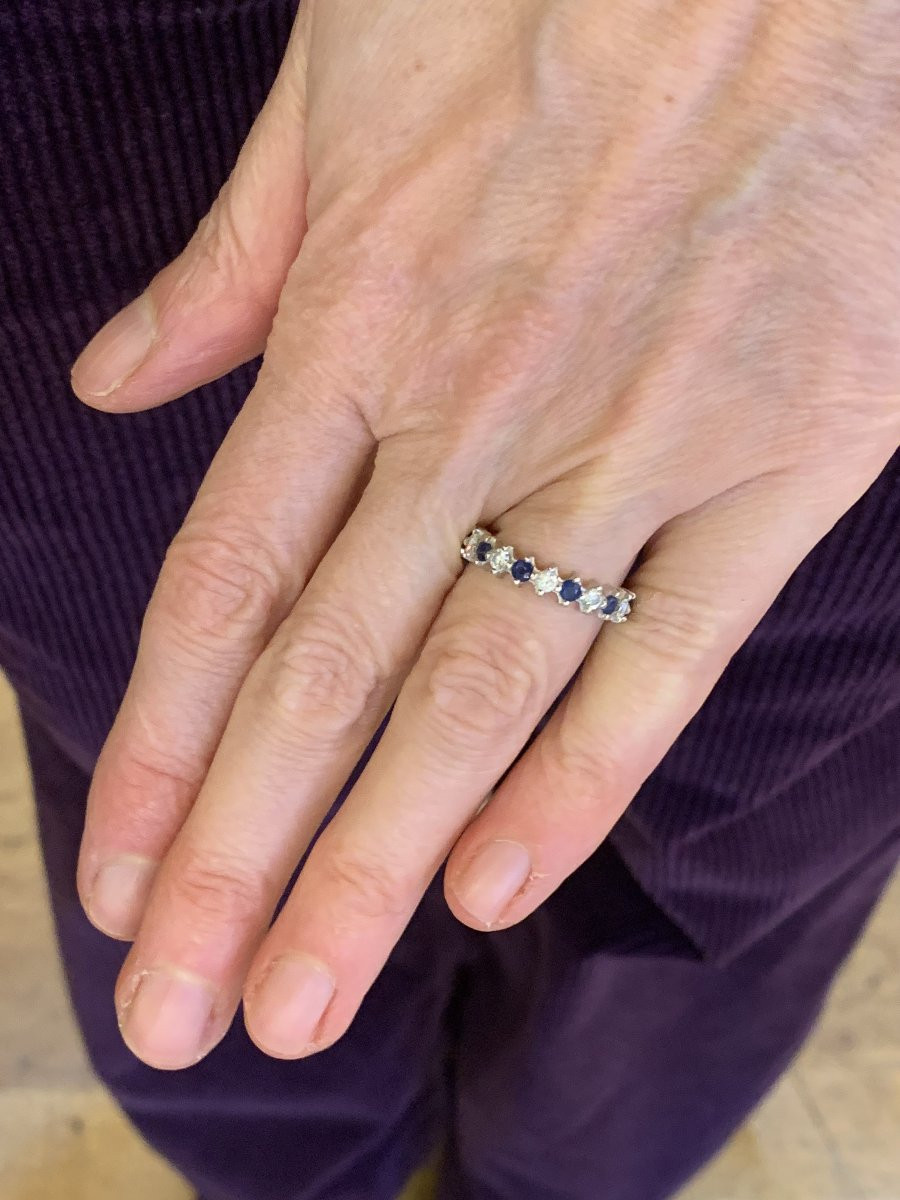 Sapphires Diamonds 18 Carats White Gold Wedding Band-photo-3