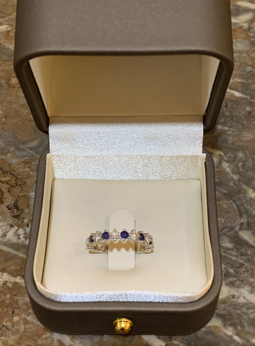 Sapphires Diamonds 18 Carats White Gold Wedding Band-photo-4